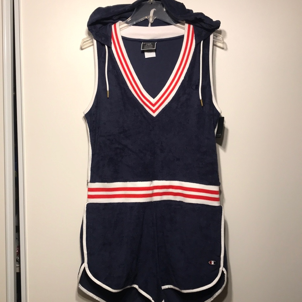 Champion Navy Hooded Romper with Red and White Stripes